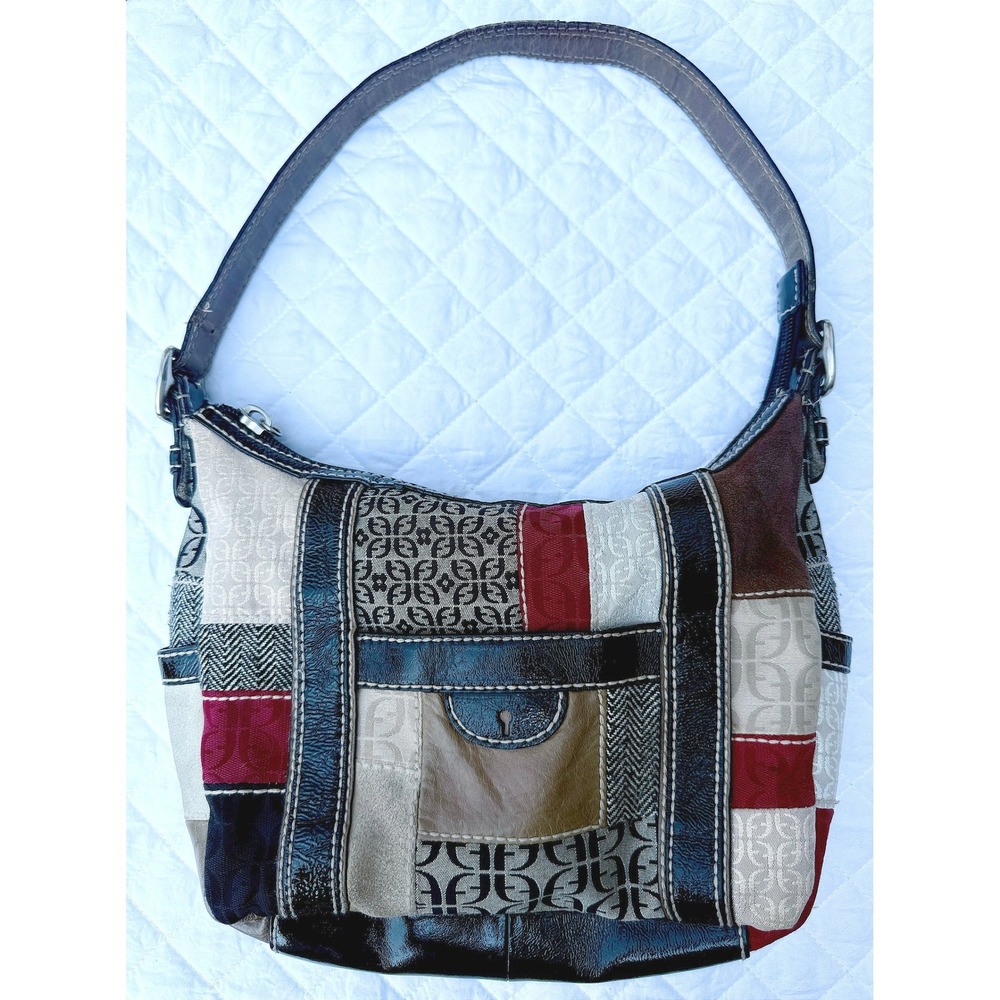 Fossil Vintage Y2K Patchwork Leather Monogram Canvas Suede Shoulder Bag Keyhole - Picture 1 of 9
